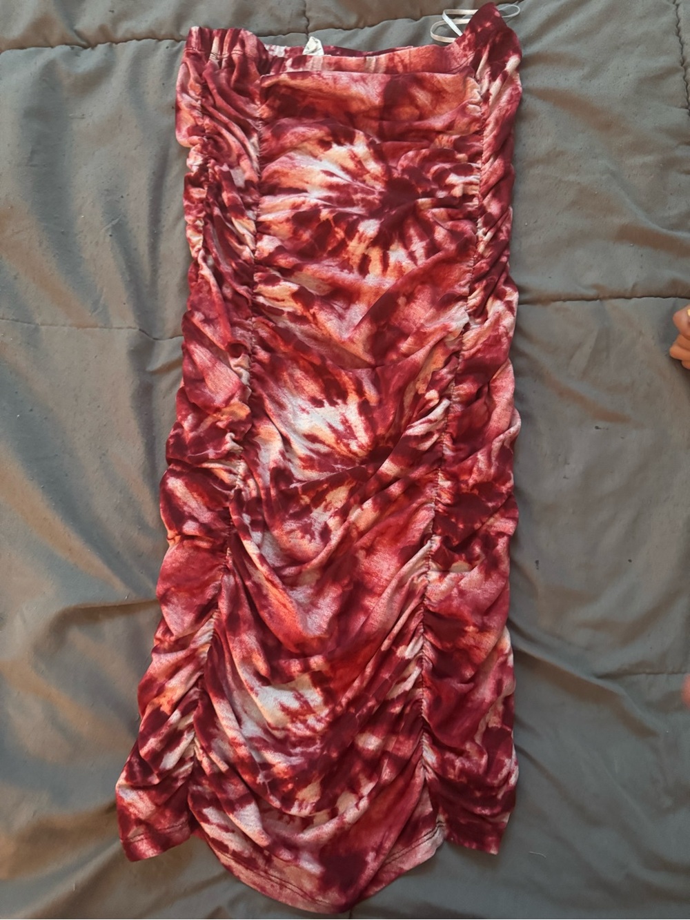 Ruched Tie-Dye Midi Dress in Burgundy Red